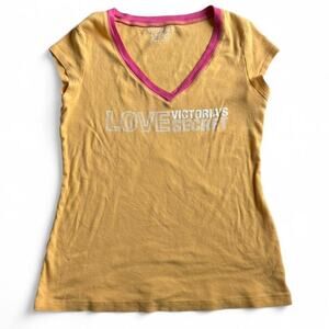 Yellow Pink Victorias Secret Graphic Tee “Love Victorias Secret” Spellout Small